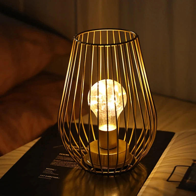 Cordless Golden or Black Cage Table Lamp